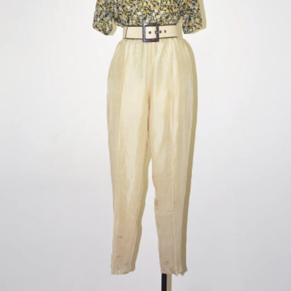 Unique Vintage Pants - 90s silk shantung trousers / 1990s ecru tapered pants / high waisted front creas